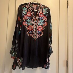 Johnny Was Black Tunic with Colorful Floral Embroidery